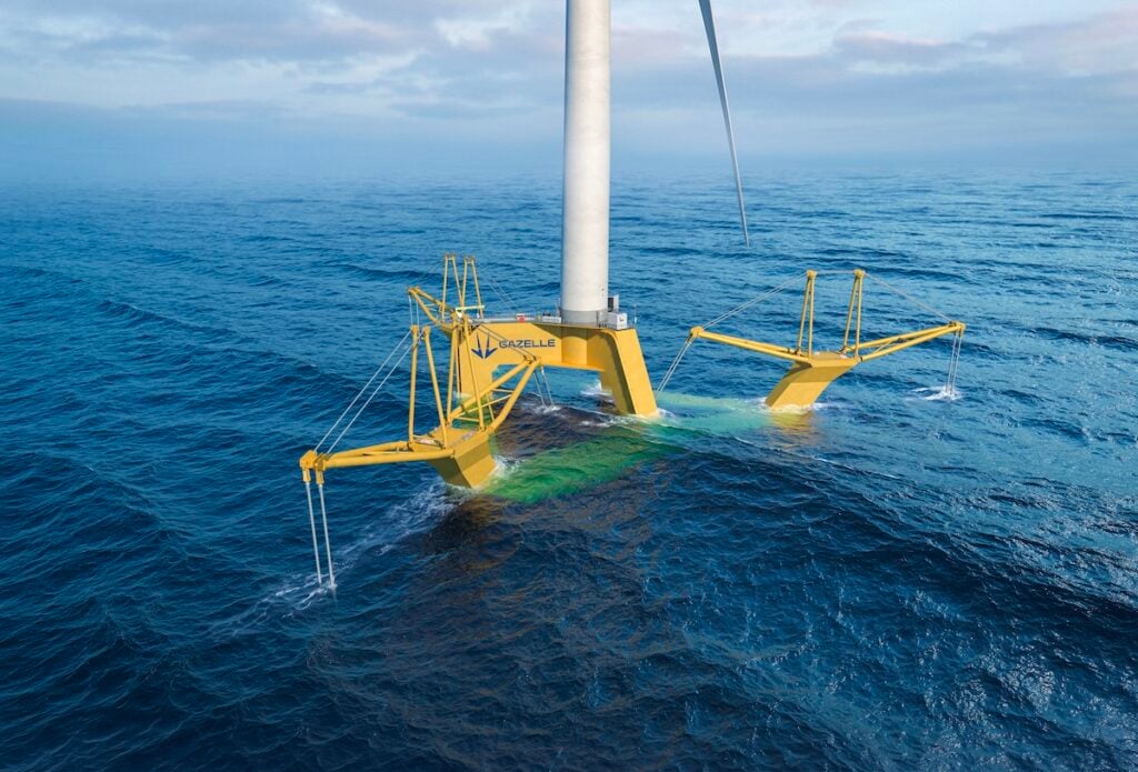 Gazelle Wind Power floating offshore wind platform at sea, yellow articulated frame structure with wind turbine, mild sea conditions.